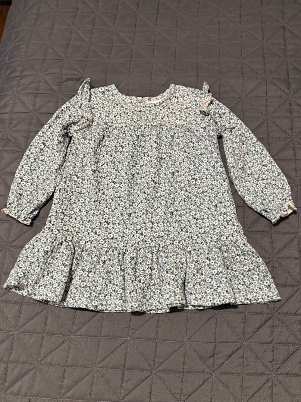 Girls' Blue Floral Long-Sleeve Ruffle Dress